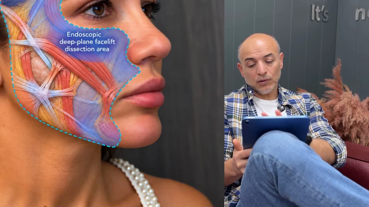 Endoskopik deep plane çalışma alanını gösteren anatomik çizim ve Mehti Şalvız’ın anlatımı