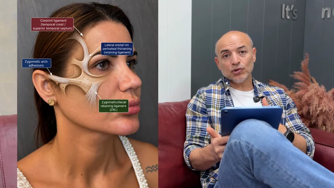 Yüzdeki tutucu bağları gösteren anatomik çizim ve Mehti Şalvız