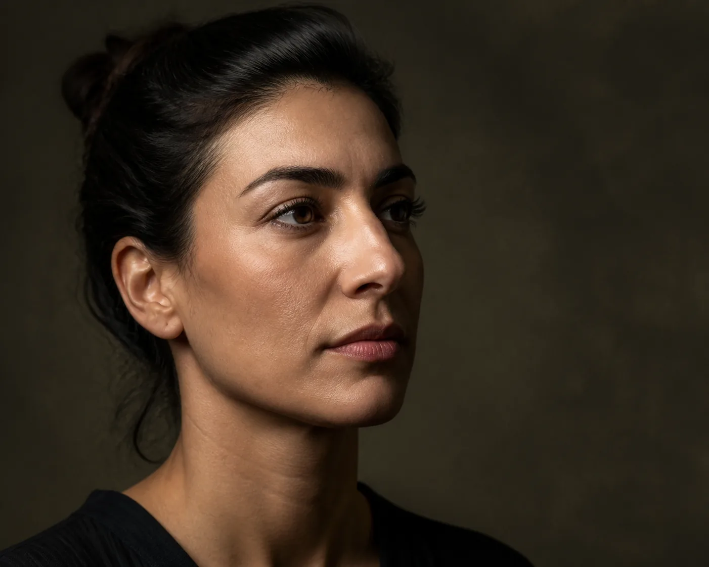 Deep Plane yüz germe sonrası iyileşmenin yöntem adından çok kişisel anatomi ve cerrahi kapsamla birlikte değerlendirilmesini temsil eden koyu editorial portre